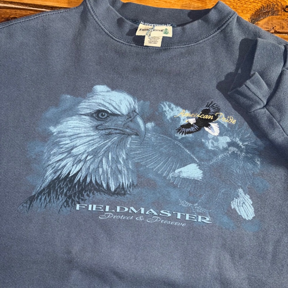 Vintage Fieldmaster Sweatshirt Mens LT Blue Eagle Graphic American Pride 90s USA